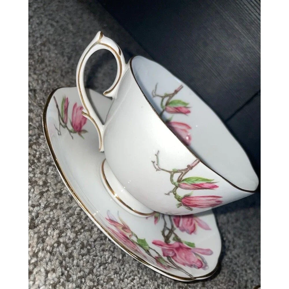 Set of 3 Roslyn China Magnolia Teacup Saucer Sets Pink Floral Gold Trim England